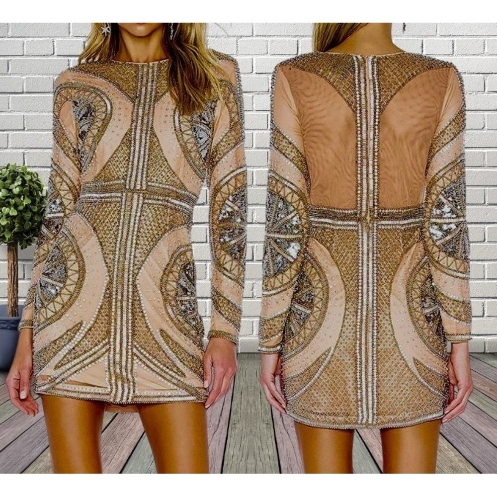 NBD Whitney NEW Mini Beaded Dress Sz S Long Sleeves Pewter and Nude Sexy Luxury